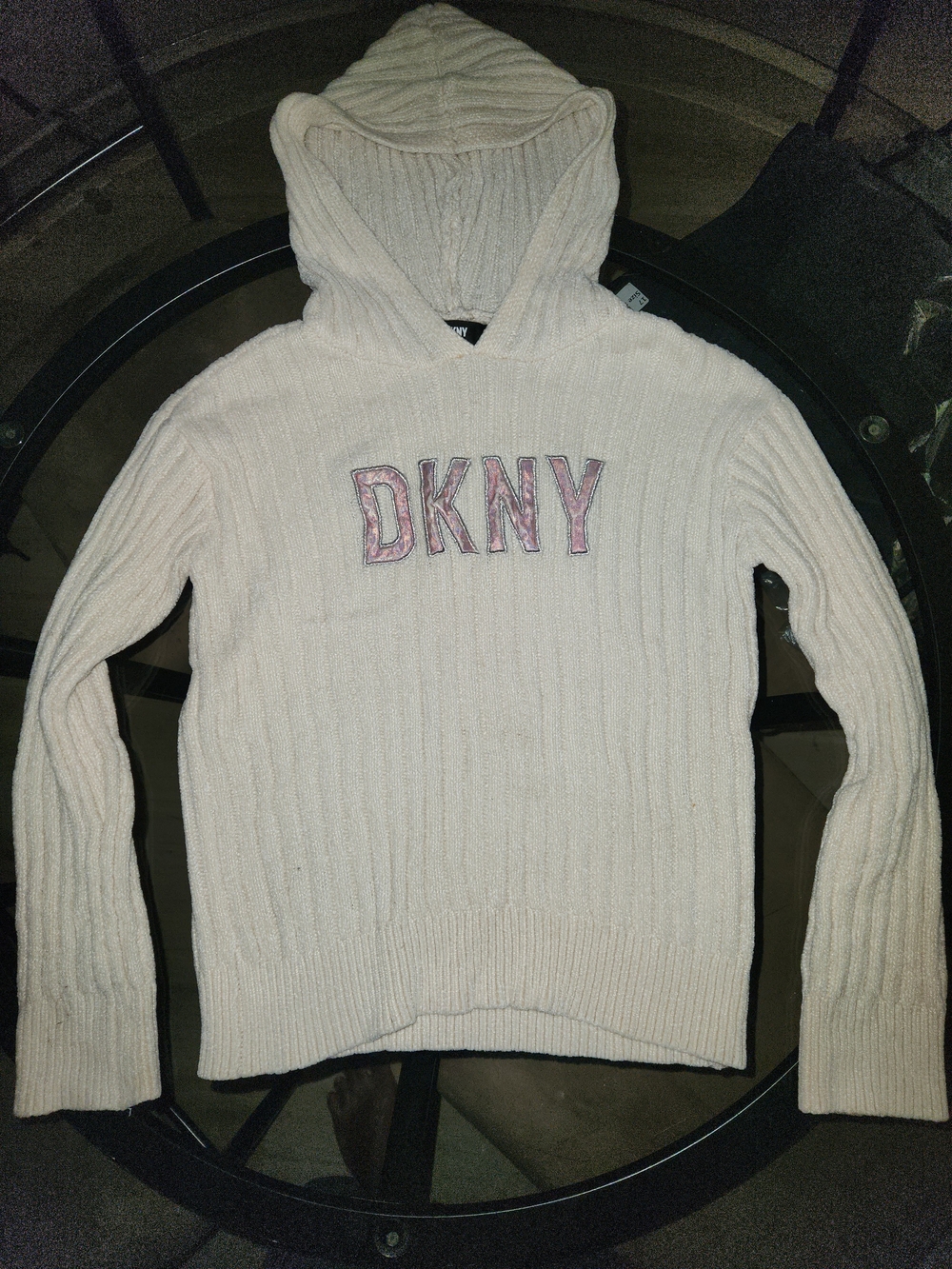 DKNY White Ribbed Hooded Sweater with Logo